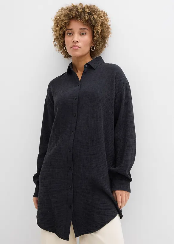 Musselin-Bluse aus reiner Baumwolle in schwarz von vorne (im Anschnitt) - bonprix