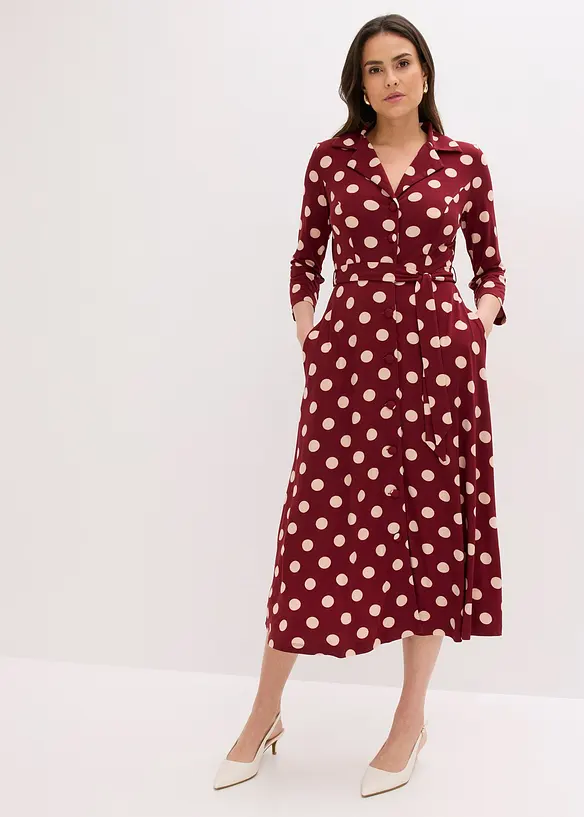 Hemdblusenkleid mit Bindeband (2-tlg.Set) in rot von vorne (Totalaufnahme) - bonprix Hemdblusenkleid mit Bindeband (2-tlg.Set) in rot von vorne (Totalaufnahme) - bonprix