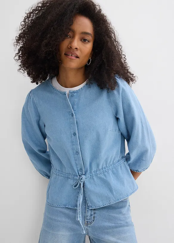 Jeansbluse mit Puffärmeln, Baumwolle in blau von vorne (im Anschnitt) - bonprix Jeansbluse mit Puffärmeln, Baumwolle in blau von vorne (im Anschnitt) - bonprix