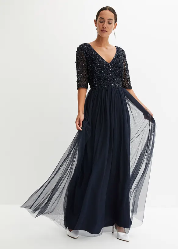 Abendkleid aus zartem Tüll mit Paillettenstickerei in blau von vorne (Totalaufnahme) - bonprix Abendkleid aus zartem Tüll mit Paillettenstickerei in blau von vorne (Totalaufnahme) - bonprix