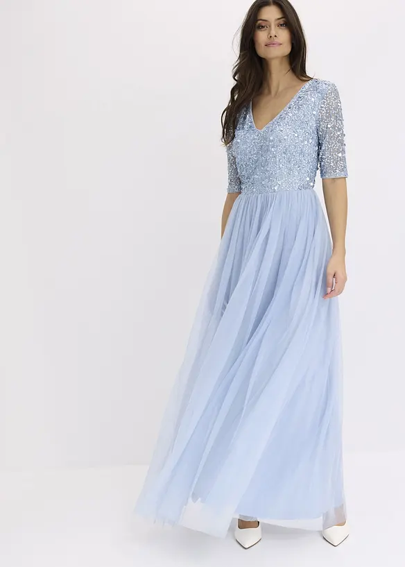 Abendkleid aus zartem Tüll mit Paillettenstickerei in blau von vorne (Totalaufnahme) - bonprix Abendkleid aus zartem Tüll mit Paillettenstickerei in blau von vorne (Totalaufnahme) - bonprix
