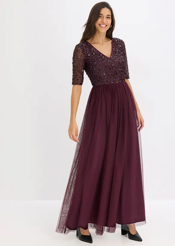 Abendkleid aus zartem Tüll mit Paillettenstickerei in rot von vorne (Totalaufnahme) - bonprix