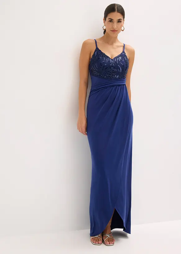 Abendkleid mit Spitze und Paillettenstickerei in blau von vorne (Totalaufnahme) - bonprix
