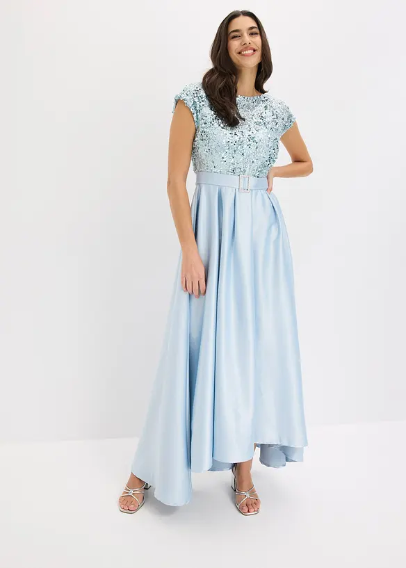 Abendkleid aus glänzendem Satin mit Pailletten in blau von vorne (Totalaufnahme) - bonprix