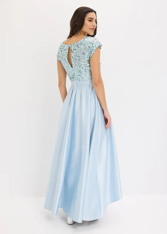 Abendkleid aus glänzendem Satin mit Pailletten in blau von hinten (Totalaufnahme) - bonprix