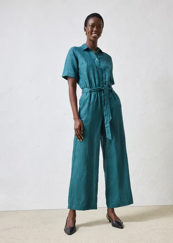 Jumpsuit aus reinem Leinen in petrol von vorne (Totalaufnahme) - bonprix Jumpsuit aus reinem Leinen in petrol von vorne (Totalaufnahme) - bonprix