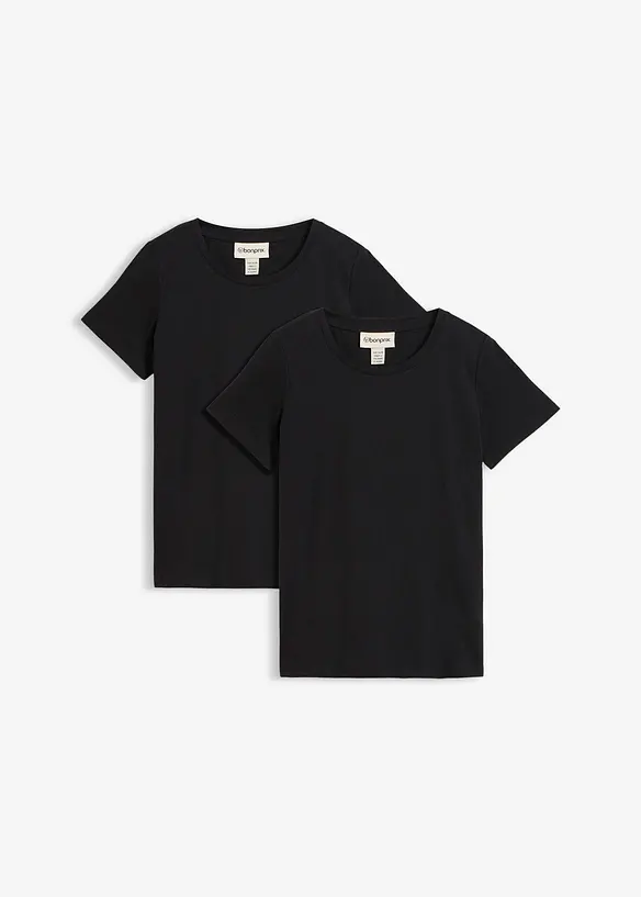 T-Shirt aus reiner Baumwolle (2er Pack) in schwarz von vorne - bonprix