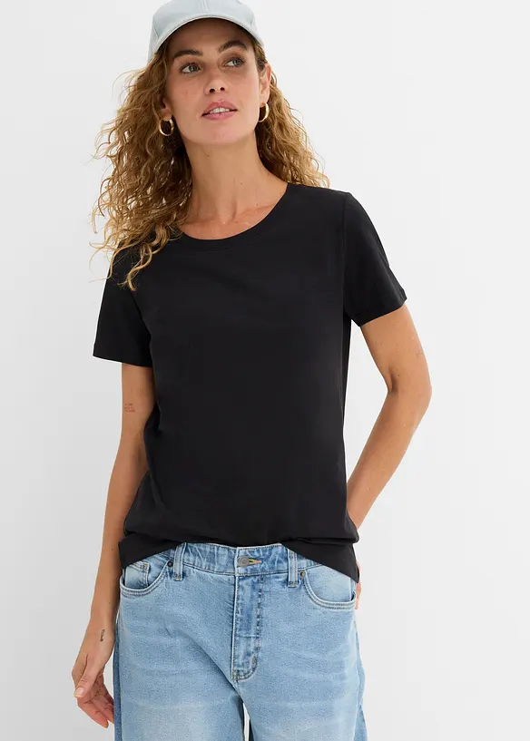T-Shirt aus reiner Baumwolle (2er Pack) in schwarz von vorne (im Anschnitt) - bonprix