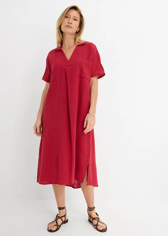 Musselin-Kaftan-Kleid aus reiner Baumwolle in rot von vorne (Totalaufnahme) - bonprix