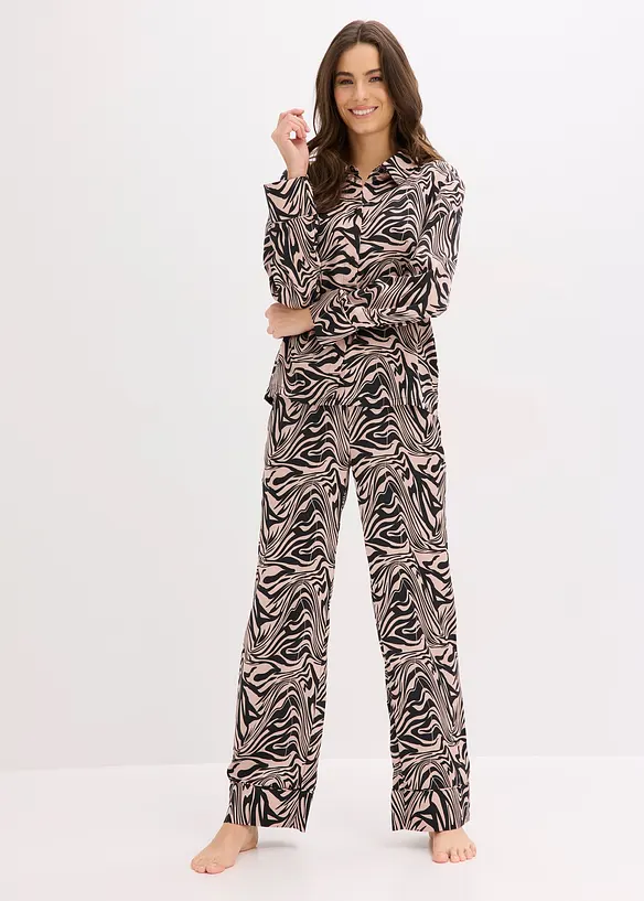 Gewebter Pyjama aus Satin in schwarz von vorne (Totalaufnahme) - bonprix