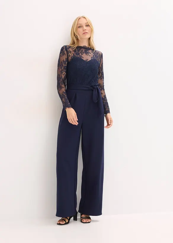 Jumpsuit mit Spitze in blau von vorne (Totalaufnahme) - bonprix Jumpsuit mit Spitze in blau von vorne (Totalaufnahme) - bonprix