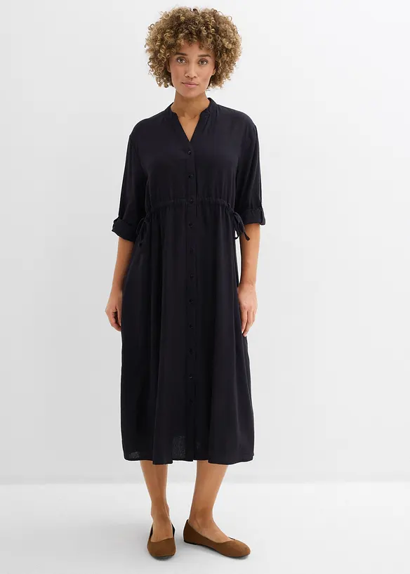 Midikleid aus leichtem Leinen-Viskose-Mix in schwarz von vorne (Totalaufnahme) - bonprix