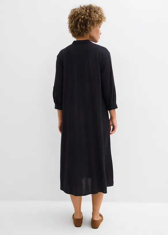 Midikleid aus leichtem Leinen-Viskose-Mix in schwarz von hinten (Totalaufnahme) - bonprix