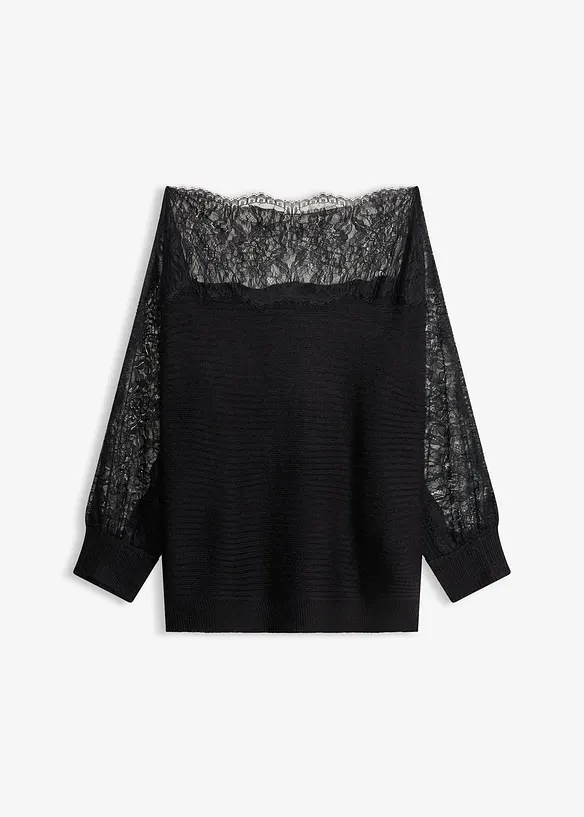 Sommer-Strickpullover mit Spitze in schwarz von vorne - bonprix