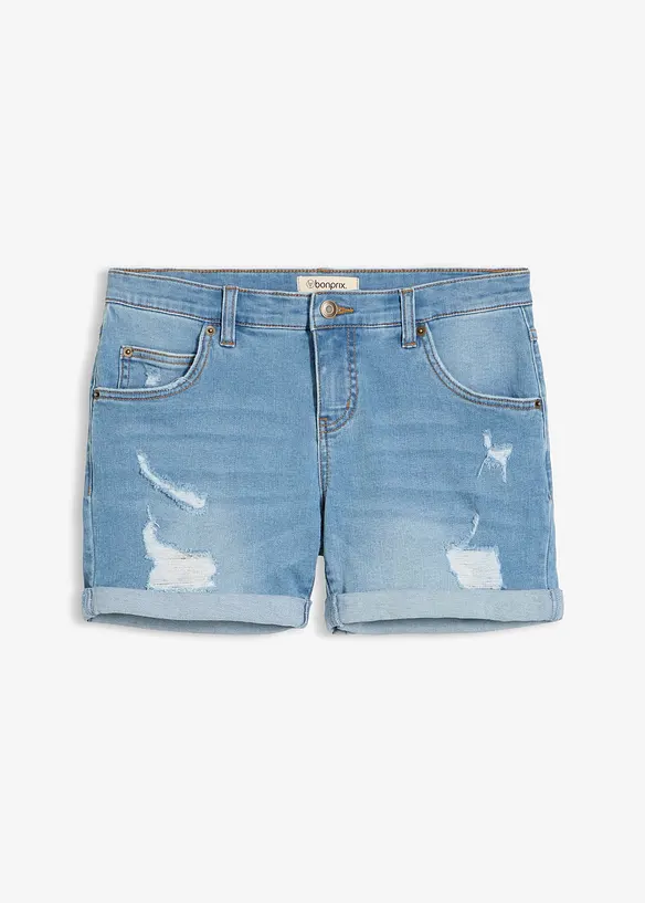Jeansshorts Mid Waist mit Destroy- Effekten in blau von vorne - bonprix