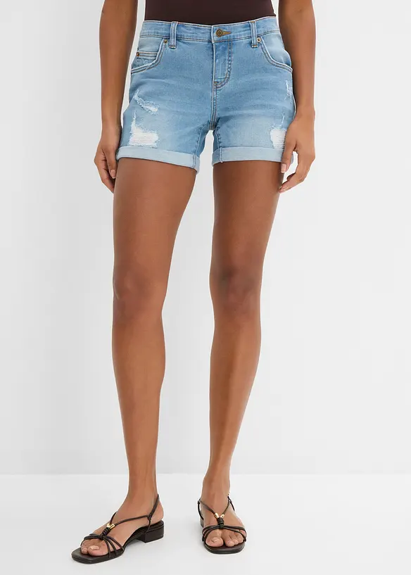 Jeansshorts Mid Waist mit Destroy- Effekten in blau von vorne - bonprix