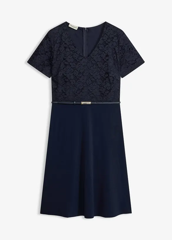 Minikleid mit Spitze und Gürtel in blau von vorne - bonprix Minikleid mit Spitze und Gürtel in blau von vorne - bonprix