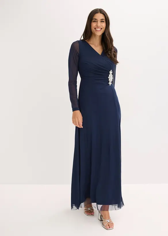 Abendkleid aus zartem Tüll mit Steinapplikation in blau von vorne (Totalaufnahme) - bonprix