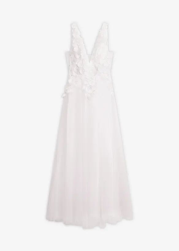 Maxikleid aus zartem Tüll mit Blumen-Applikation in weiß von vorne - bonprix