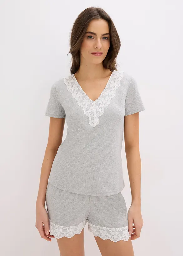 Shorty aus reiner Baumwoll-Rippe in grau von vorne (Totalaufnahme) - bonprix