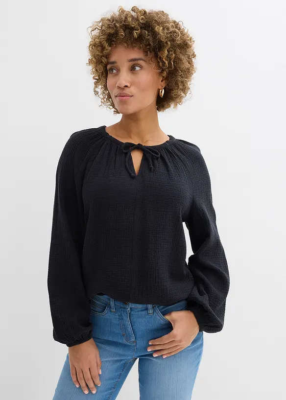 Musselin-Schlupfbluse aus reiner Baumwolle in schwarz von vorne (im Anschnitt) - bonprix Musselin-Schlupfbluse aus reiner Baumwolle in schwarz von vorne (im Anschnitt) - bonprix