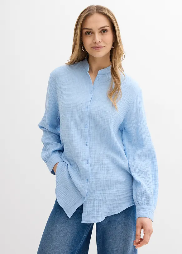 Musselin-Longbluse aus reiner Baumwolle in blau von vorne (im Anschnitt) - bonprix Musselin-Longbluse aus reiner Baumwolle in blau von vorne (im Anschnitt) - bonprix