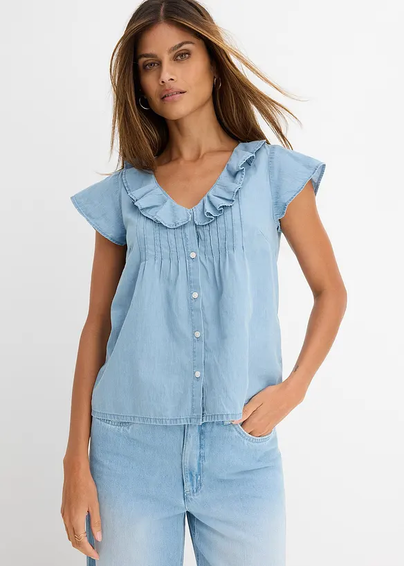 Jeans-Blusentop aus Bio-Baumwolle in blau von vorne (im Anschnitt) - bonprix Jeans-Blusentop aus Bio-Baumwolle in blau von vorne (im Anschnitt) - bonprix