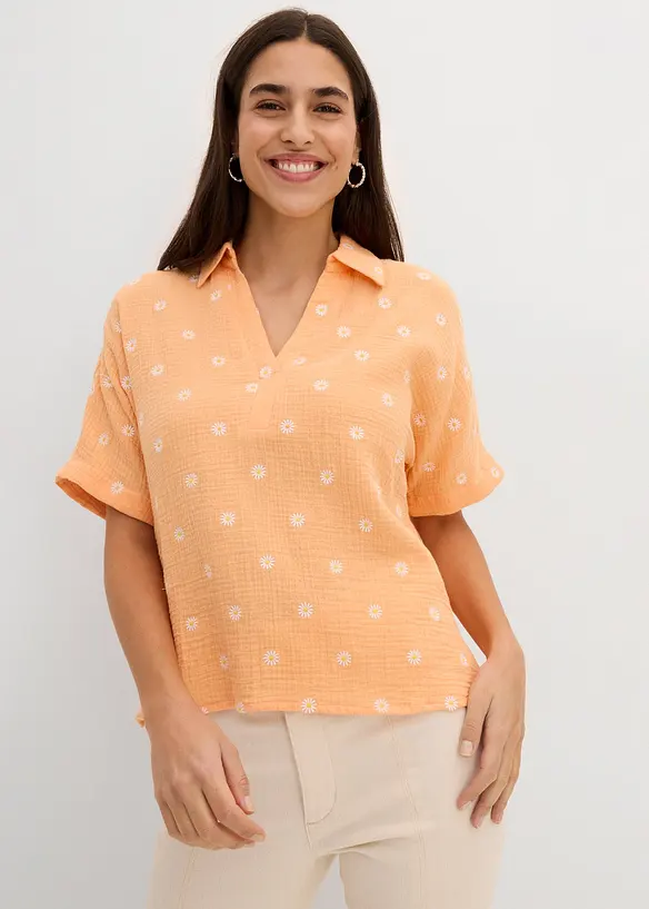 Musselin-Kurzarmbluse aus reiner Baumwolle in orange von vorne (im Anschnitt) - bonprix Musselin-Kurzarmbluse aus reiner Baumwolle in orange von vorne (im Anschnitt) - bonprix