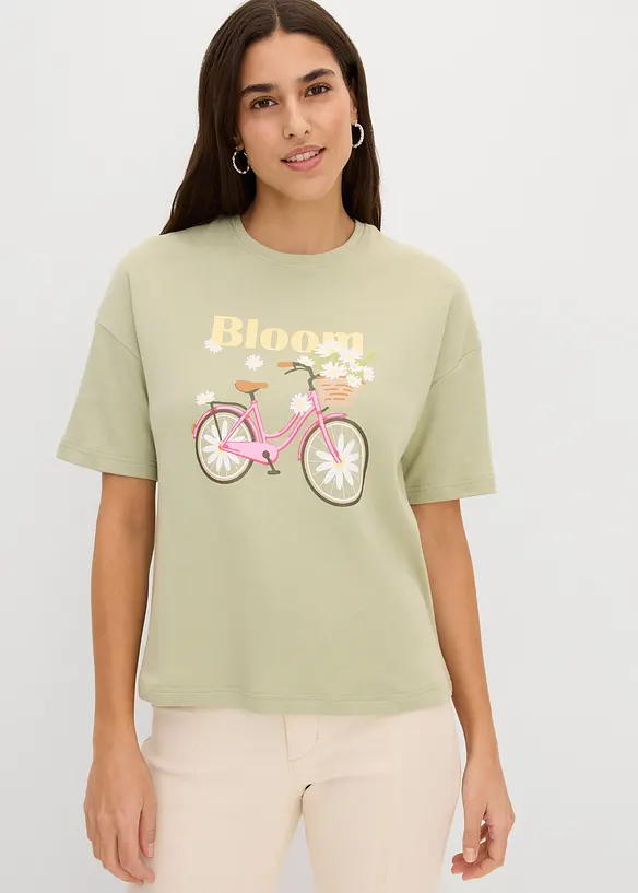 Lockeres T-Shirt aus schwerer Bio-Baumwolle in grün von vorne (im Anschnitt) - bonprix