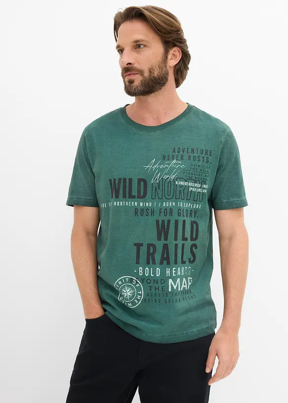 T-Shirt in gewaschener Optik aus reiner Bio-Baumwolle in grün von vorne (im Anschnitt) - bonprix