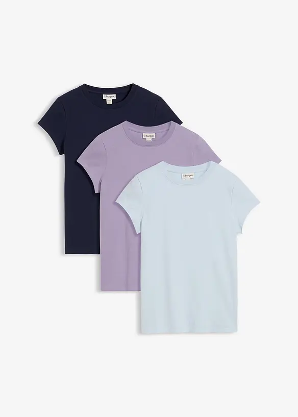 T-Shirt aus Bio-Baumwoll-Mix (3er Pack) in lila von vorne - bonprix T-Shirt aus Bio-Baumwoll-Mix (3er Pack) in lila von vorne - bonprix