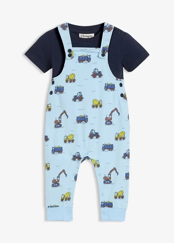 Baby Set aus Shirt und Sweat-Latzhose aus reiner Bio-Baumwolle (2-tlg.Set) in blau von vorne - bonprix
