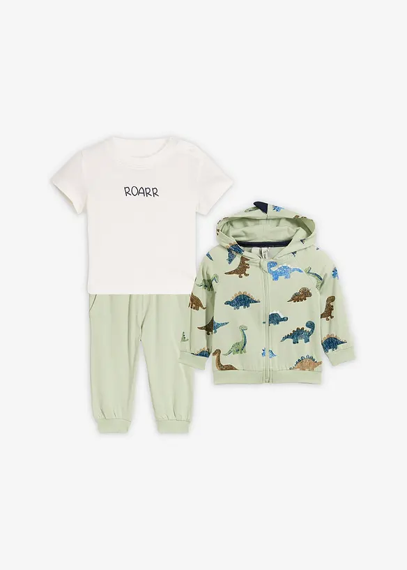 Baby Shirtjacke, T-Shirt und Jogginghose aus reiner Bio-Baumwolle (3-tlg.Set) in grün von vorne - bonprix Baby Shirtjacke, T-Shirt und Jogginghose aus reiner Bio-Baumwolle (3-tlg.Set) in grün von vorne - bonprix