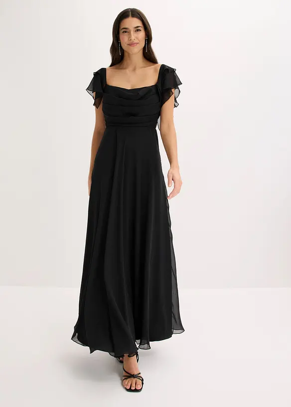 Abendkleid aus feinem Chiffon mit Drapierung in schwarz von vorne (Totalaufnahme) - bonprix