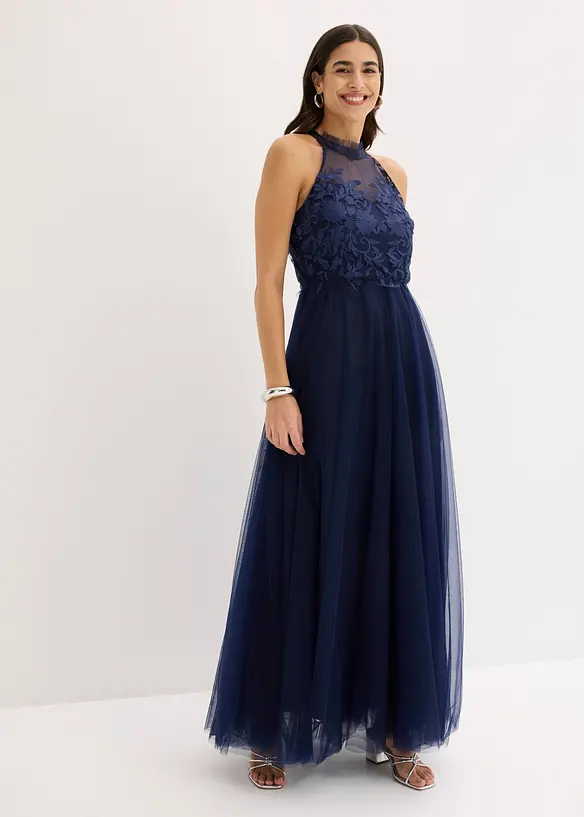 Abendkleid aus zartem Tüll mit Spitze in blau von vorne (Totalaufnahme) - bonprix Abendkleid aus zartem Tüll mit Spitze in blau von vorne (Totalaufnahme) - bonprix