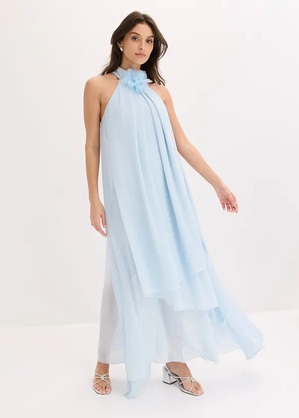 Maxikleid mit Blumen-Applikation in blau von vorne (Totalaufnahme) - bonprix Maxikleid mit Blumen-Applikation in blau von vorne (Totalaufnahme) - bonprix