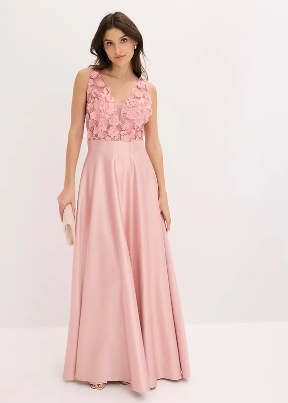 Abendkleid aus glänzendem Satin mit Blumen-Applikation in rosa von vorne (Totalaufnahme) - bonprix Abendkleid aus glänzendem Satin mit Blumen-Applikation in rosa von vorne (Totalaufnahme) - bonprix