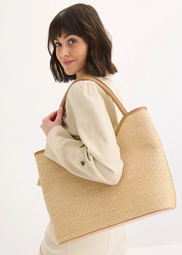 Shopper in Strohoptik in beige im Look von vorne (Totalaufnahme) - bonprix