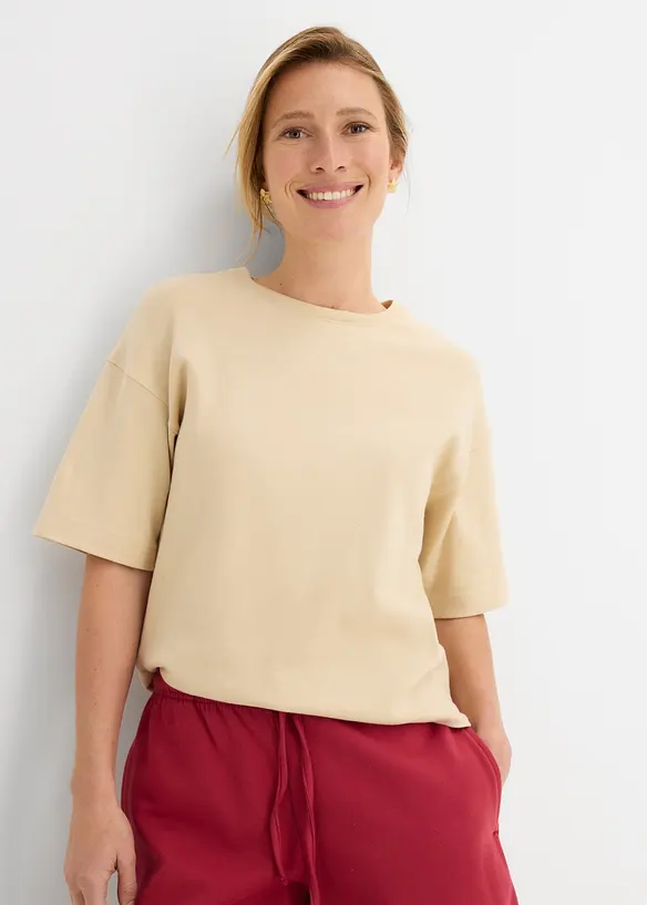 Boxy-Shirt aus schwerer Bio-Baumwolle in beige von vorne (im Anschnitt) - bonprix