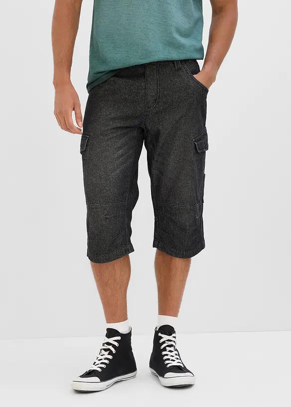 Leichte Jeans-Long-Cargobermuda, Relaxed Fit in schwarz von vorne - bonprix