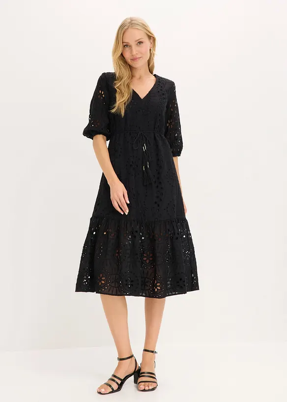 Midikleid aus reiner Baumwolle mit Lochstickerei in schwarz von vorne (Totalaufnahme) - bonprix