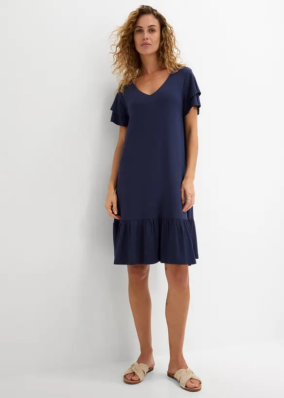 Jerseykleid mit Volant aus Viskose-Mix in blau von vorne (Totalaufnahme) - bonprix Jerseykleid mit Volant aus Viskose-Mix in blau von vorne (Totalaufnahme) - bonprix