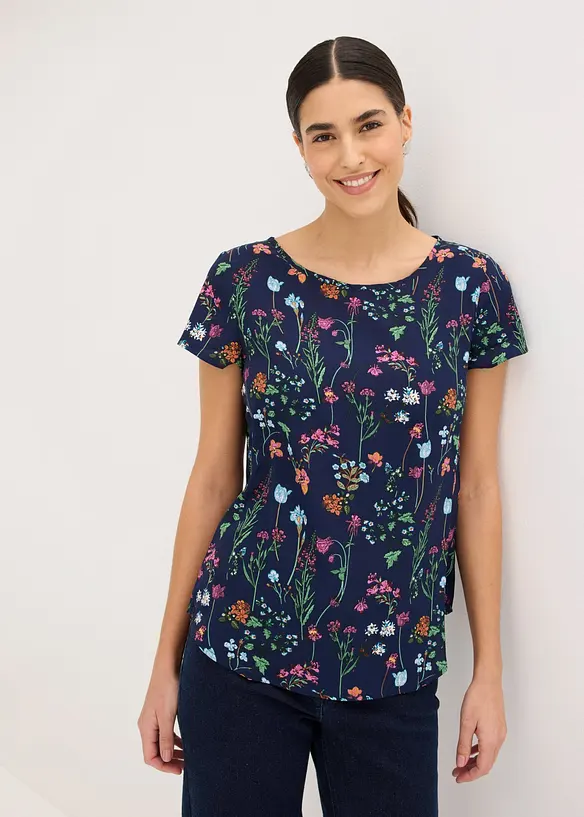 Blusenshirt mit Rundhals-Ausschnitt in blau von vorne (im Anschnitt) - bonprix