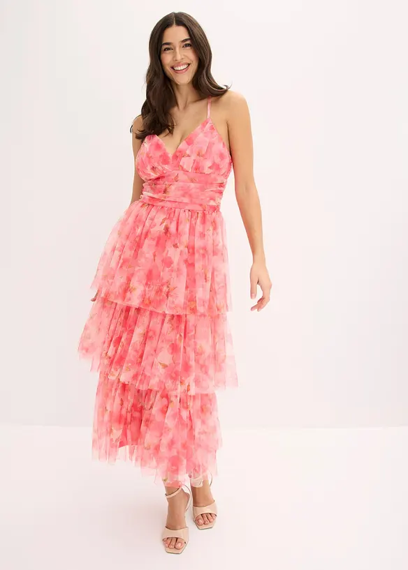 Midikleid aus zartem Tüll mit Volants in pink von vorne (Totalaufnahme) - bonprix Midikleid aus zartem Tüll mit Volants in pink von vorne (Totalaufnahme) - bonprix