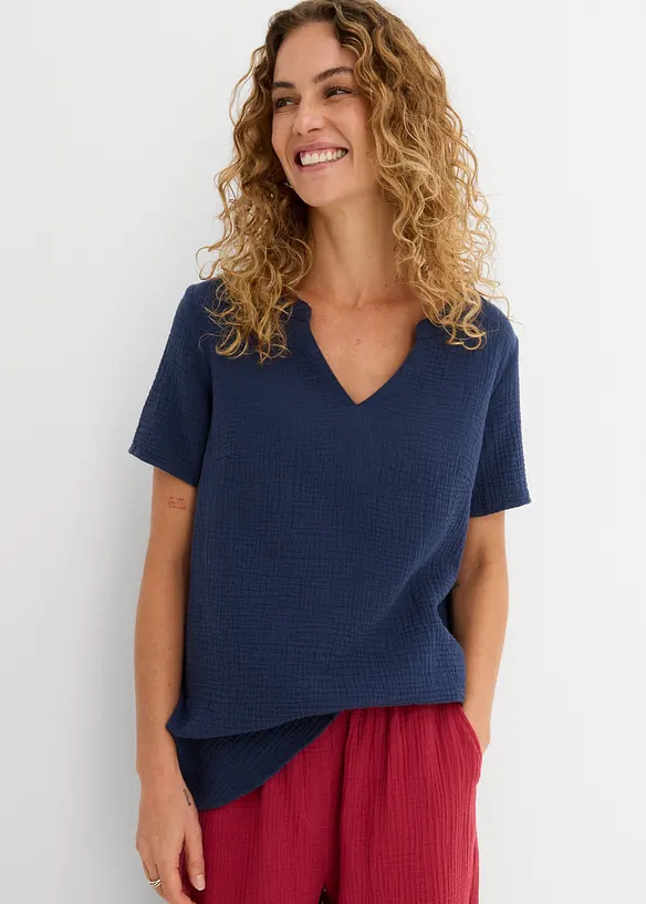 Musselin-Long-Tunika aus reiner Baumwolle in blau von vorne (im Anschnitt) - bonprix Musselin-Long-Tunika aus reiner Baumwolle in blau von vorne (im Anschnitt) - bonprix