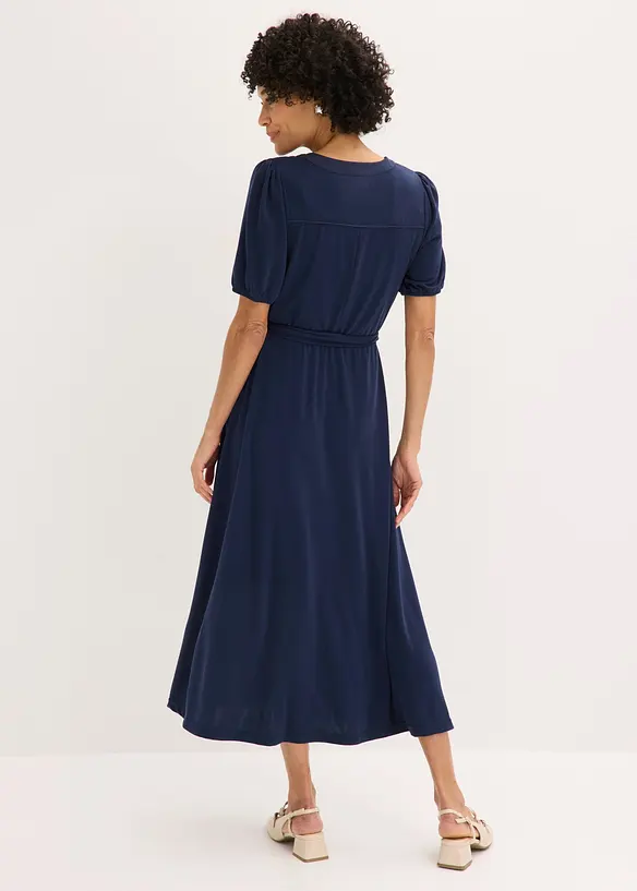 Midikleid mit Bindegürtel aus Viskose-Piqué (2-tlg.Set) in blau von hinten (Totalaufnahme) - bonprix