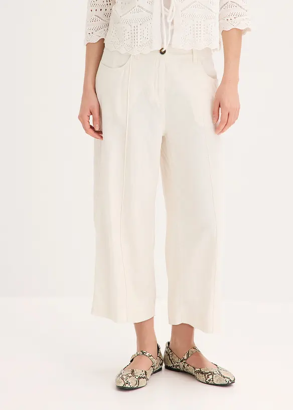 Culotte Hose aus luftigem Leinen-Mix mit Biesen in weiß von vorne - bonprix
