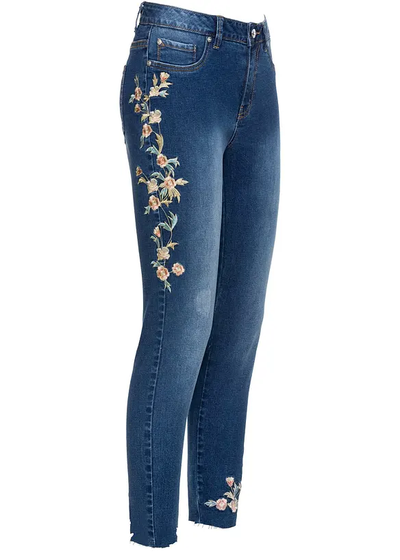 Skinny-Jeans Mid Waist, cropped in blau von vorne - bonprix