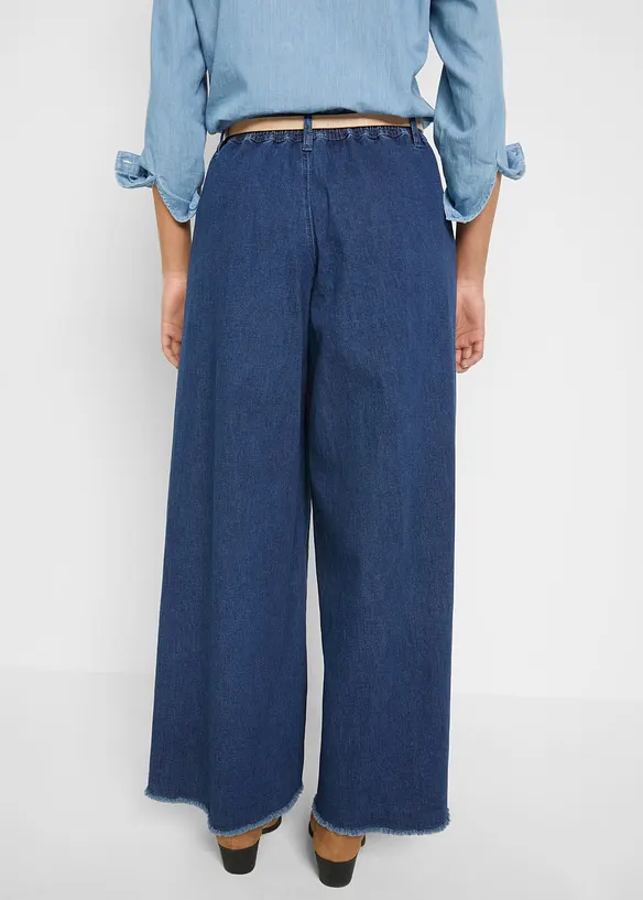Weiter Jeans-Hosenrock, Komfortbund in blau von hinten - bonprix