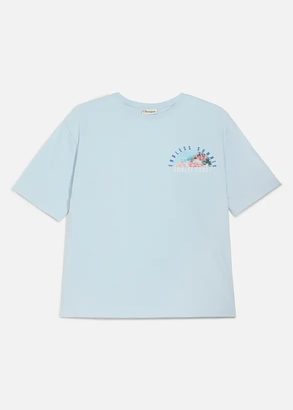 Loose Fit T-Shirt aus reiner Bio Baumwolle mit großen Rückendruck in blau von vorne - bonprix